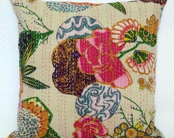 Hand Stitched Floral Kantha Pillow Cover, Bohemian Throw Pillow