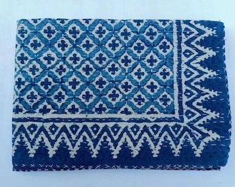 Indigo Kantha Quilt: Block Printed Cotton Bedspread, King Size 90x108