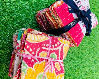 50 Vintage Kantha Fabric Scraps: Handstitched Quilt Squares