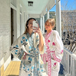 Cotton Kimono Robe, Hand Block Floral Print, Bohemian Beach Coverup