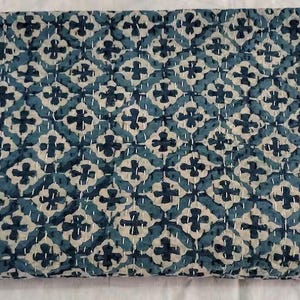 May include: A blue and white kantha quilt with a geometric pattern. The quilt is made of cotton and is hand-stitched.