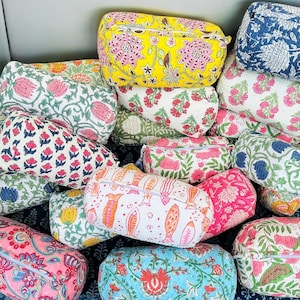 Cosmetic Bags Block Print Large Toiletry Bag, Zipper Toiletry Bag, Cotton Vanity Case, Women Hand Bags, Pouch For Women, Traval Makeup Bag