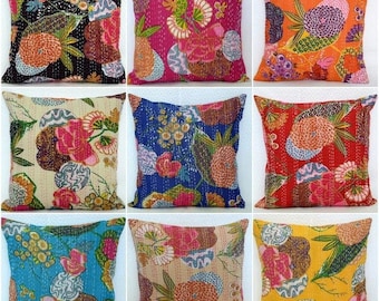 Vintage Kantha Pillow Cover, Handmade Floral Cotton Cushion, Boho Throw