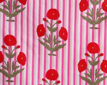 Floral Striped Cotton Fabric: Hand Block Print Fabric By The Yard