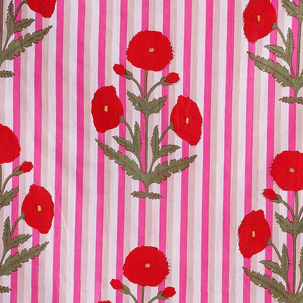 Floral Striped Cotton Fabric: Hand Block Print Fabric By The Yard