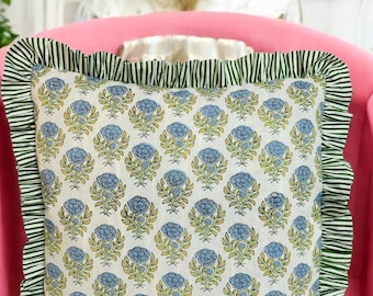 Handmade Floral Print Cotton Pillow Cover with Ruffle Frill