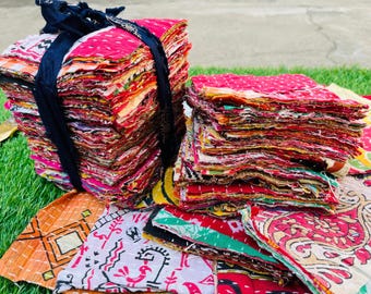 Vintage Kantha Fabric Squares: Indian Sari Quilting Scraps Bundle