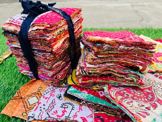 Vintage Kantha Fabric Squares: Indian Sari Quilting Scraps Bundle