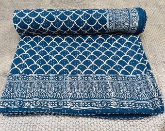 Vintage Hand Block Printed Kantha Quilt: Reversible Cotton Bedspread