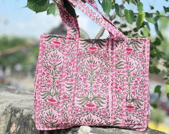 Large Cotton Quilted Tote Bag: Blockprint Weekender Travel Bag