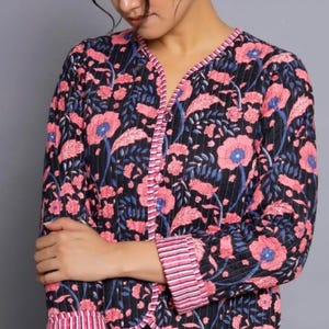 Cotton Women&#39;s Quilted Jacket Block Printed Boho Style Quilted Handmade Jackets Coat Holidays Gifts Button Closer Jacket for Women Gifts