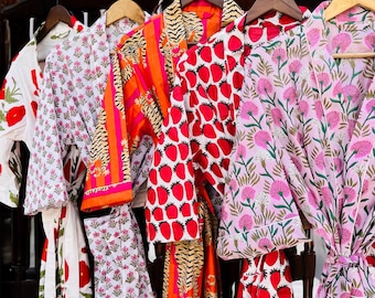 Floral Cotton Kimono Robe: Hand Block Print Loungewear