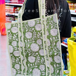 Vintage Floral Tote Bag Cotton Quilted Bags Grocery Bag Women Shopping Bag Cotton Shoulder Bag Large Tote Bag Weekender Beach Bags Hand Bag