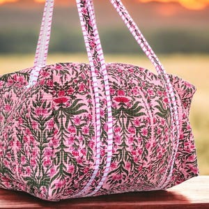 Große gesteppte Baumwolltasche, Gepäcktasche mit Blockprint, Wochenend-Reisetasche für Frauen, Weihnachtsgeschenke, Reisetasche, Reisetasche
