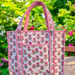 Indische Baumwolle gesteppte Einkaufstasche Boho Handprinted Einkaufstasche Umweltfreundliche robuste Einkaufstaschen handgemachte Geschenke Boho Einkaufstasche