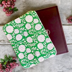Hand Block Printed Quilted Laptop Sleeve, Floral Cotton iPad Case, Computer Bag for Women, MacBook Pro/Air 13&quot;-15&quot; Cover, Laptop hand Cases