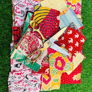 Kantha Fabric SNIPPET Pack-Kantha Scrap fabric-Scrap fabric-Snippets-Junk Journal-Vintage Hand stitched Bohemian Kantha fabric-snippets