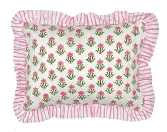 Handmade Block Print Pillow Cover: Boho Floral Frill Cushion