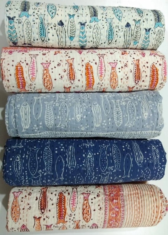 Hand Block Printed Fish Kantha Quilt: Boho Reversible Cotton Bedspread
