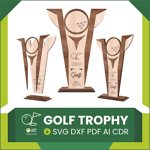 May include: Three wooden golf trophies with a light brown golf ball design and the text "Golf BEST PLAYER". The trophies have a dark brown border and base. The image also includes the text "GOLF TROPHY" and file type options.