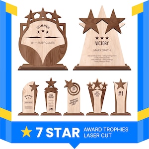 Puede incluir: Una colección de siete trofeos de madera cortados con láser en tonos claros y oscuros. Los diseños incluyen motivos de estrellas y textos grabados como Winner, Victory, Mark Smith, Ruby Claire, Goat Employee 2025 y Trophy Awards 2027.