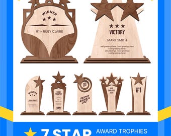 7 Award Trophies Laser Cut Bundle, Wooden Cutting Engraving Files, Modern New Trophy Participation Award, Memorable Winner Trophy Gift