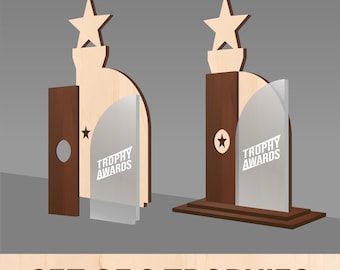 May include: Set of three wooden and acrylic trophies with a star design and the text "Trophy Awards".
