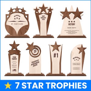 May include: A collection of seven wooden star trophies with various designs. Each trophy features a star element and personalized text, including names and titles. The trophies are made of light and dark wood, with text in black.