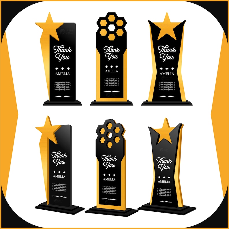 Trophy Script Acrylic Awards Trophy Laser Cut Bundle, Wooden Cutting Engraving Files ...