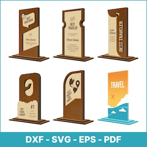 Trofeo de viaje Copa Premio Corte Láser 5 Diseños Diferentes Archivos, Archivos Láser SVG DXF PDF, Corte Láser Grabado en Madera, Trofeo Moderno Nuevo
