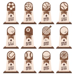 Trophy Set Bundle Laser Cut Award 14 Different Designs, Wooden Trophy Player, Sport Cutting File, Medal SVG Sport, Participation Award SVG