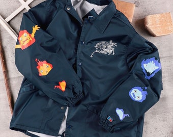 Original Studio Ghibli GBL Calcifer Patchwork coach jacket for Unisex Navy | Howl's Moving Castle | Ghibli Apparel Fashion