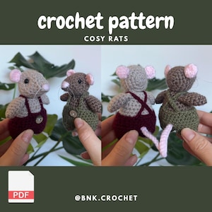 May include: Crochet pattern for Cosy Rats. The image shows two crochet rats in different colors, wearing overalls. The rats are gray and brown, with pink ears and tails. The text "crochet pattern" and "cosy rats" is at the top of the image.