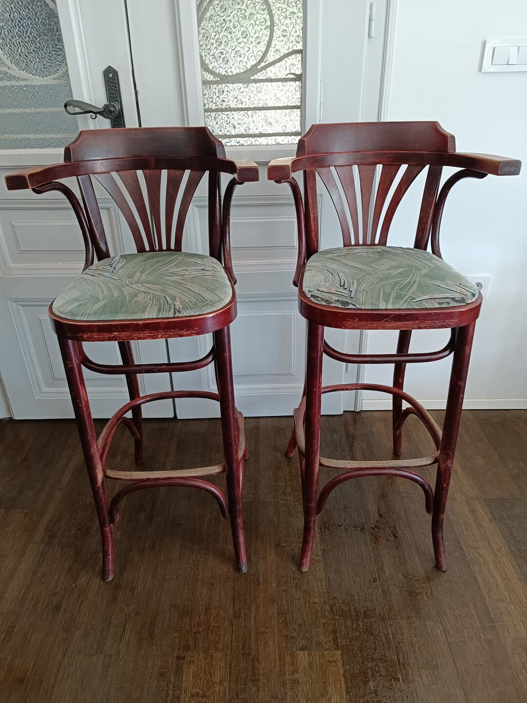 Vintage Wooden Bar Stool With Textile Cover / High