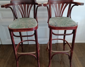 Vintage Wooden Bar Stool with Textile  cover / High Chair/Thonet Bentwood / Pub Chair for Kitchen Island / 1970s/ Yugoslavia