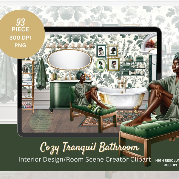 Cozy Tranquil Bathroom-Hunter Green Scene Creator Kit - Digital PNG & Goodnotes Files, Planner Stickers, Scrapbooking, Home Decor Clipart