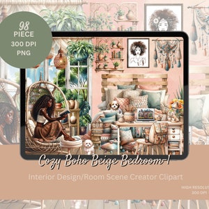May include: A digital illustration of a cozy boho bedroom with a bed, a hanging chair, a desk, and a variety of plants and decor. The bedroom is decorated in beige and brown tones with a touch of green. The illustration is perfect for interior design and room scene creator clipart.