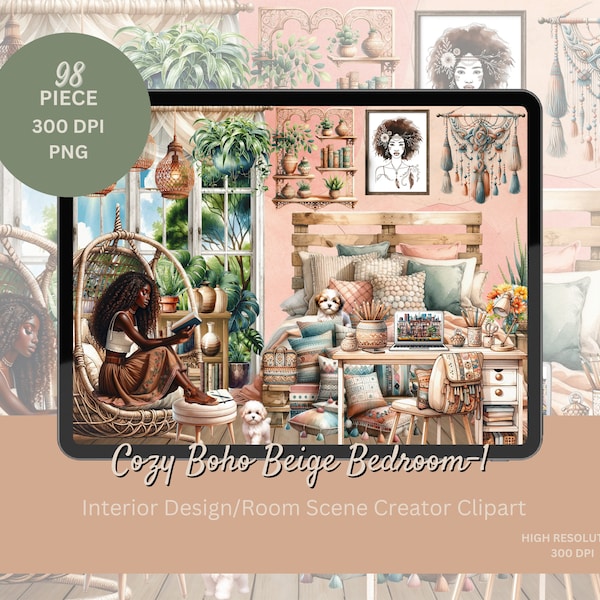 Cozy Boho Beige Bedroom Scene Creator - 98-Piece Goodnotes Sticker Kit, Digital Planner Clipart Collection, Digital Sticker Kit, Boho Chic