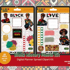 Kit di pianificazione digitale del mese della storia nera - Set di adesivi PNG e Goodnotes da 89 pezzi, Collezione di clipart culturali - Adesivi per donne nere - Clipart