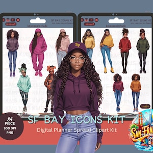 Puede incluir: Un kit de clipart para planificador digital con 84 piezas que incluye ilustraciones de mujeres con sudaderas y jeans. Las ilustraciones son de varios colores, incluyendo morado, rojo, amarillo, azul y verde. El kit incluye un gráfico con temática de San Francisco con el texto "San Francisco Alta resolución 300 DPI".