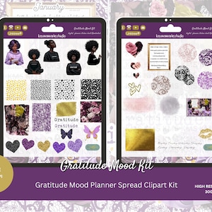 Gratitude Mood Planner Sticker Kit/Clipart/34-delige PNG & Goodnotes-collectie/digitale stickers voor journaling en planning/Afro-vrouwen