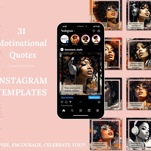 Elevate empowerment with 31 days of inspirational quotes for melanated women. Editable, Canva, for Instagram post quotes,black girls magic