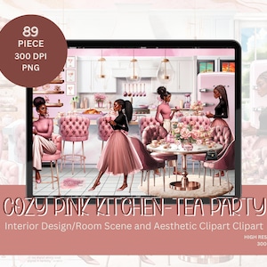 May include: A digital illustration of a pink kitchen with four women having tea. The kitchen features a pink refrigerator, pink chairs, and a pink table with a floral centerpiece. The women are wearing pink and black dresses. The text "COZY PINK KITCHEN-TEA PARTY" is at the bottom of the image.