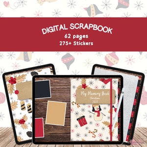Pode incluir: Scrapbook digital com 62 páginas e mais de 275 adesivos. A capa apresenta um fundo branco com um boneco de neve, flocos de neve, bengalas de doces e uma caixa de presente. O texto "My Memory Book Christmas 2022" está na capa.