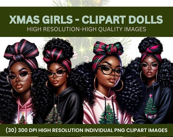 Könnte beinhalten: Vier digitale Illustrationen von schwarzen Frauen mit Weihnachtskleidung. Jede Frau trägt ein anderes Outfit mit einem Weihnachtsbaumdesign und einem rosa oder roten Stirnband. Der Text "XMAS GIRLS - CLIPART DOLLS" befindet sich oben im Bild. Der Text "HIGH RESOLUTION - HIGH QUALITY IMAGES" befindet sich unter der ersten Textzeile. Der Text "(30) 300 DPI HIGH RESOLUTION INDIVIDUAL PNG CLIPART IMAGES" befindet sich unten im Bild.