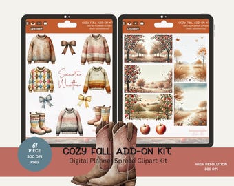 Peut inclure: Une feuille d'autocollants pour planificateur numérique sur le thème de l'automne confortable. La feuille comprend des illustrations de pulls, de bottes, de nœuds, de pommes et de paysages d'automne. Le texte "Cozy Fall Add-On Kit" et "Sweater Weather" est inclus sur la feuille.