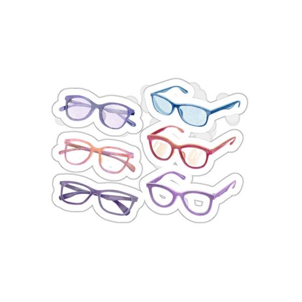 Kiss-Cut Stickers Six pairs of watercolor hand drawn pink, violet, blue eyeglasses