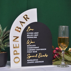 Arched Acrylic Open Bar Sign: Frosted Wedding Bar Menu, UV Print
