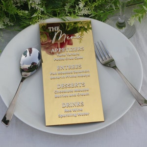 Carte de menu en acrylique, menu de mariage, carte de détail de mariage en acrylique, carte de réception de mariage en acrylique, carte de menu