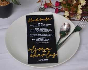 Tarjeta de menú de boda en acrílico negro mate: Impresión UV, decoración de recepción moderna